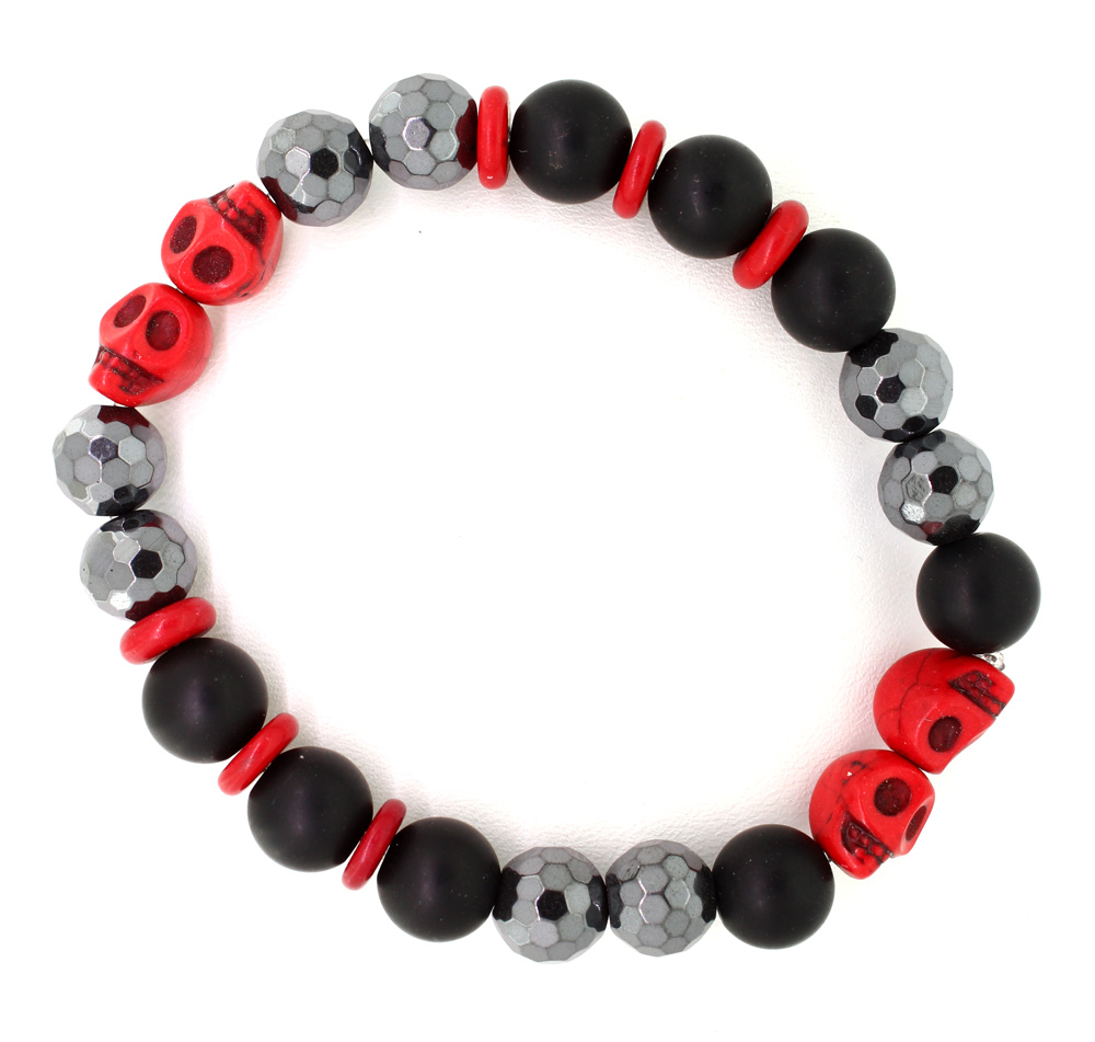 LoBo-Bracelet: Sanga - schwarzes Onyx/Hamätit Perlenarmband rot.