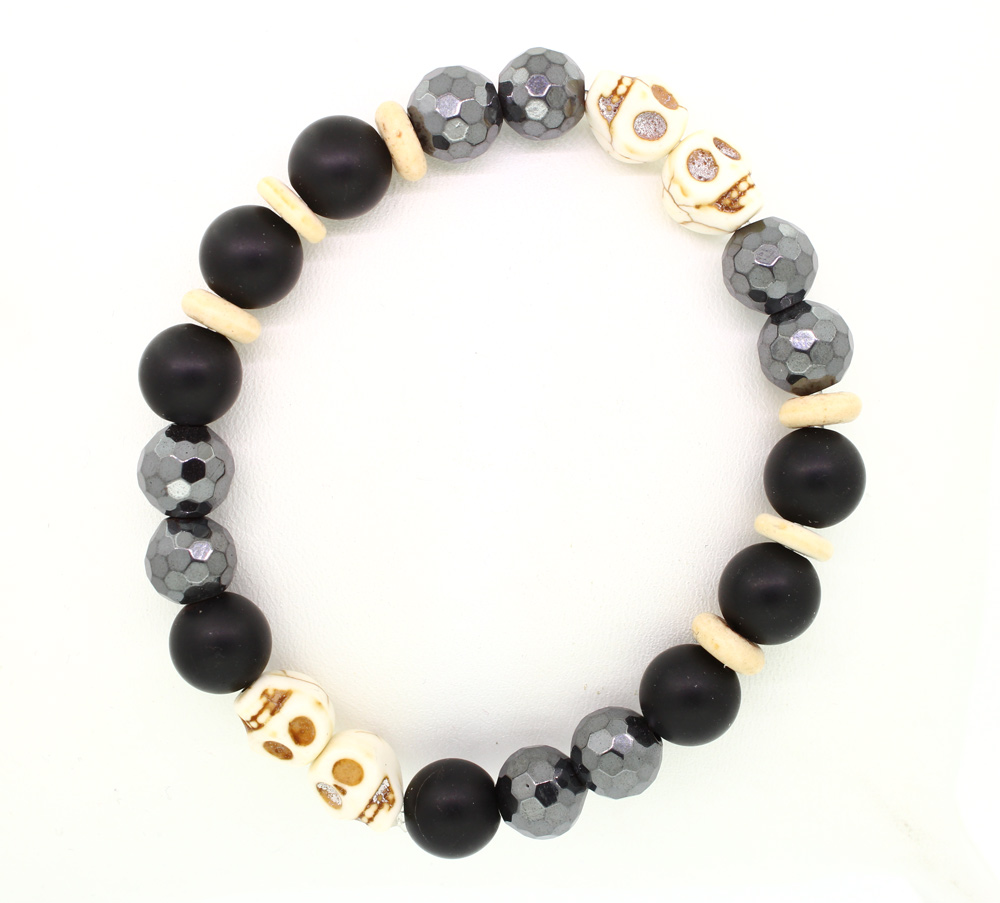 LoBo-Bracelet: Sanga - schwarzes Onyx/Hamätit Perlenarmband altweiß.