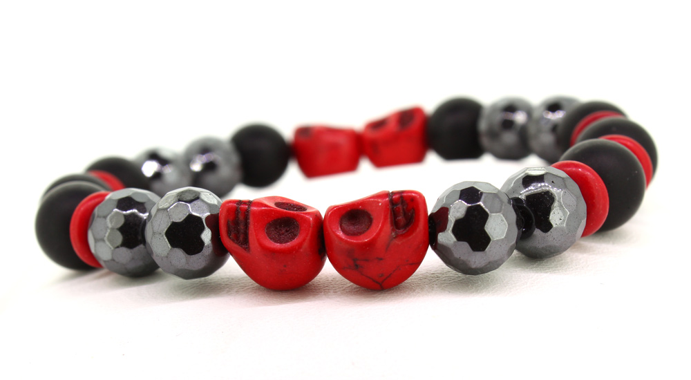 LoBo-Bracelet: Sanga - schwarzes Onyx/Hamätit Perlenarmband rot.