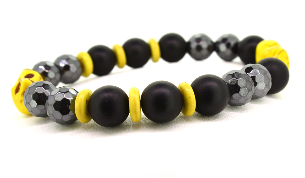 LoBo-Bracelet: Sanga - schwarzes Onyx/Hamätit Perlenarmband gelb.