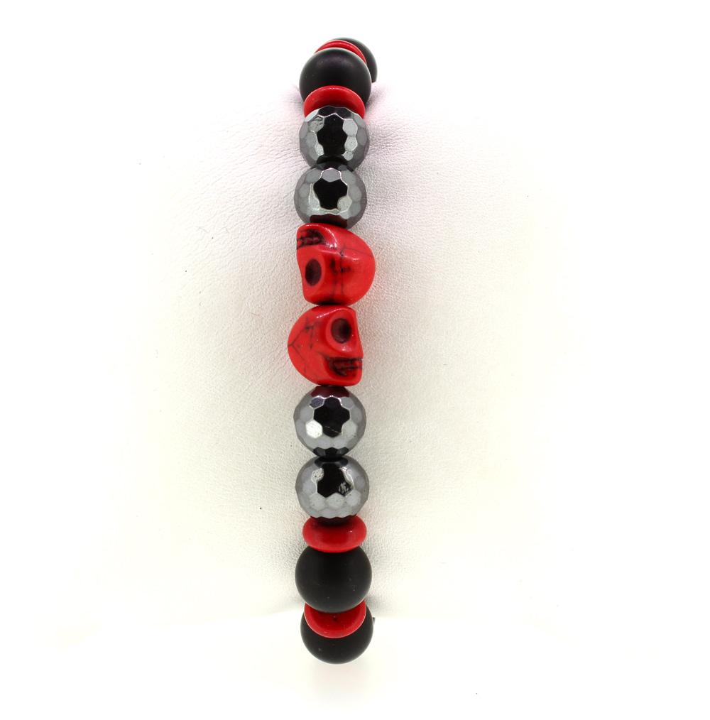 LoBo-Bracelet: Sanga - schwarzes Onyx/Hamätit Perlenarmband rot.
