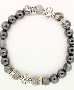 LoboBracelet: Makalo - grauer Larvikit-Edelstein mit Hamätit und Strass-Rondell