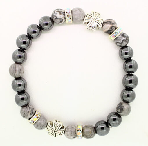 LoboBracelet: Makalo - grauer Larvikit-Edelstein mit Hamätit und Strass-Rondell
