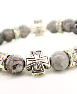 LoboBracelet: Makalo - grauer Larvikit-Edelstein mit Hamätit und Strass-Rondell
