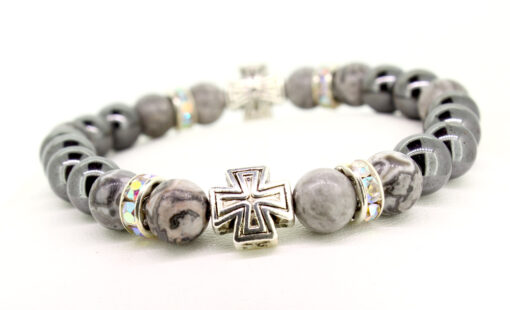 LoboBracelet: Makalo - grauer Larvikit-Edelstein mit Hamätit und Strass-Rondell