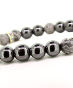 LoboBracelet: Makalo - grauer Larvikit-Edelstein mit Hamätit und Strass-Rondell