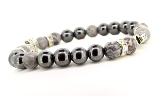 LoboBracelet: Makalo - grauer Larvikit-Edelstein mit Hamätit und Strass-Rondell
